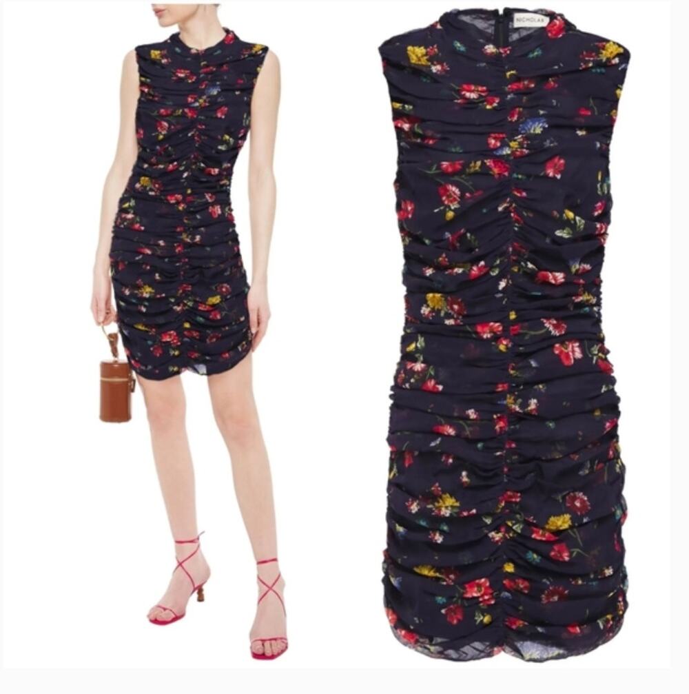 NICHOLAS Ruched Gathered Floral Print 100% Silk Mini Dress Sz 6